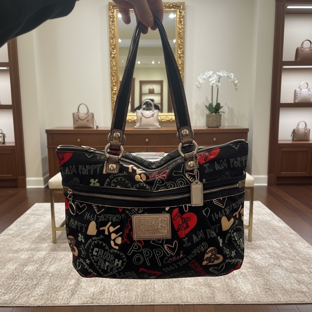 Coach Poppy Graffiti Glam Tote Bag Womens Large Black Canvas Heart Y2K 16052